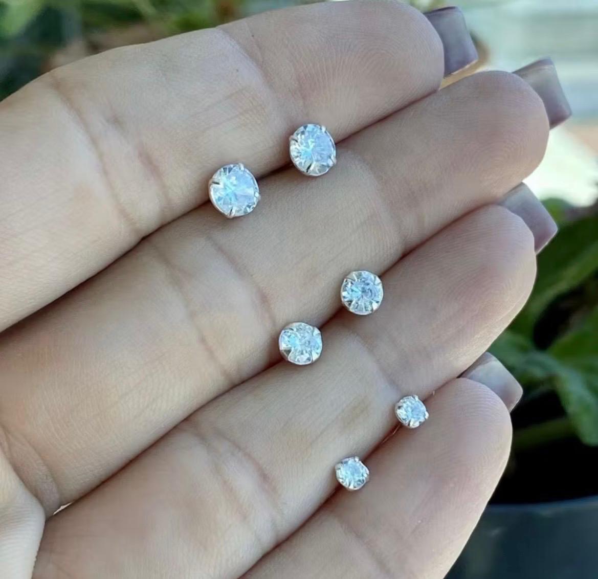 Trio de Brincos Solitário Prata 925 com Zircônia 3mm 5mm e 6mm