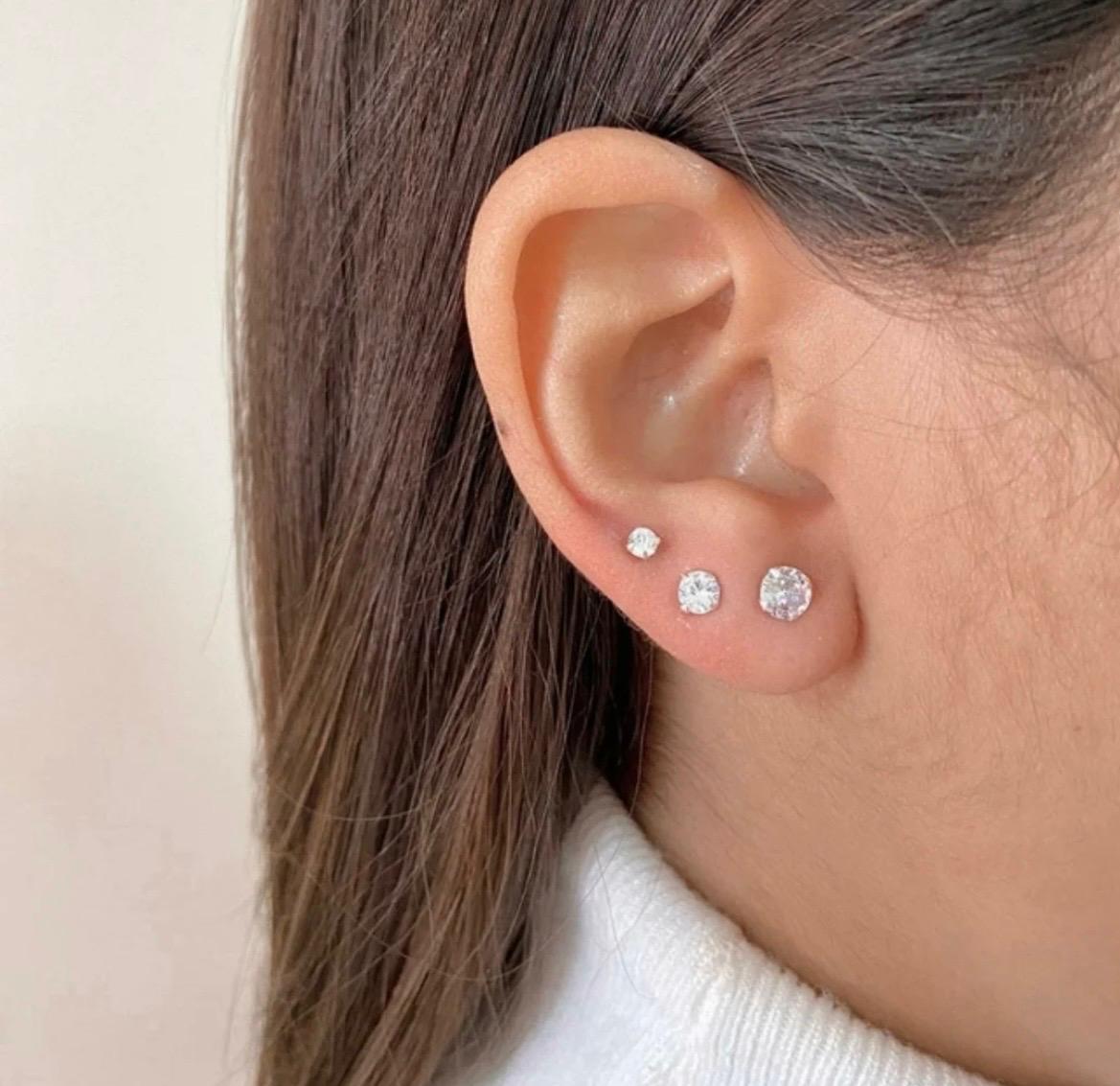 Trio de Brincos Solitário Prata 925 com Zircônia 3mm 5mm e 6mm