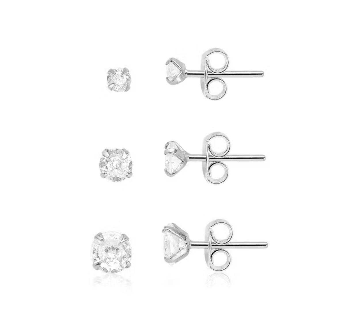 Trio de Brincos Solitário Prata 925 com Zircônia 3mm 5mm e 6mm