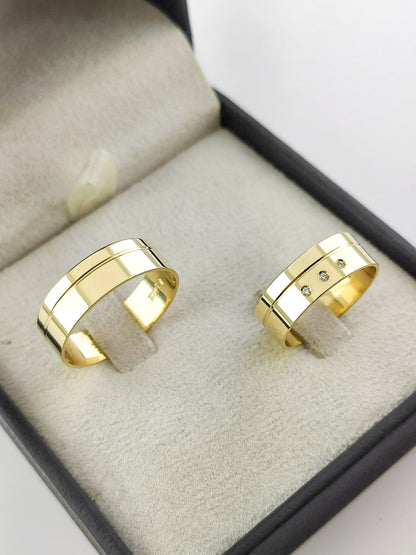 Par de Alianças Ouro 18K Anatômica Reta com 3 Pedras Polida 6mm