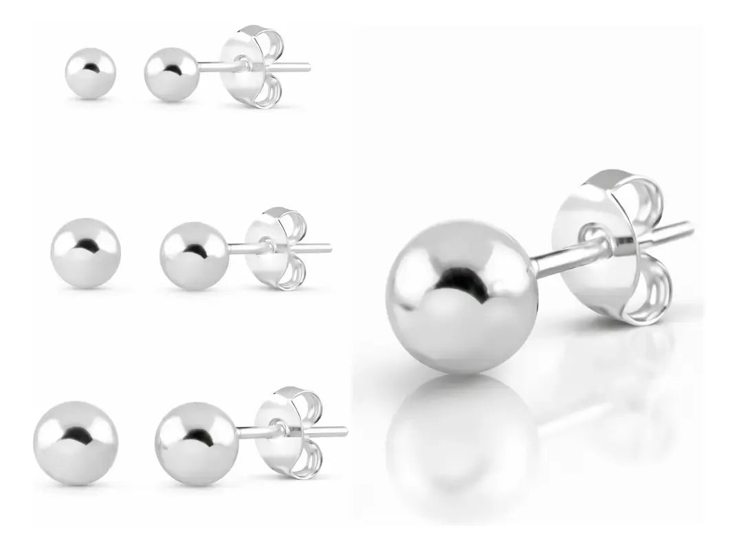 Kit Trio de Brincos Bolinha Prata 925 Legítima 3mm 5mm e 6mm